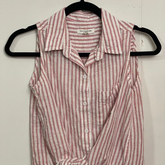 BeachLunchLounge S stripe button up tank top summer coastal pink linen Barbie - Picture 2 of 7